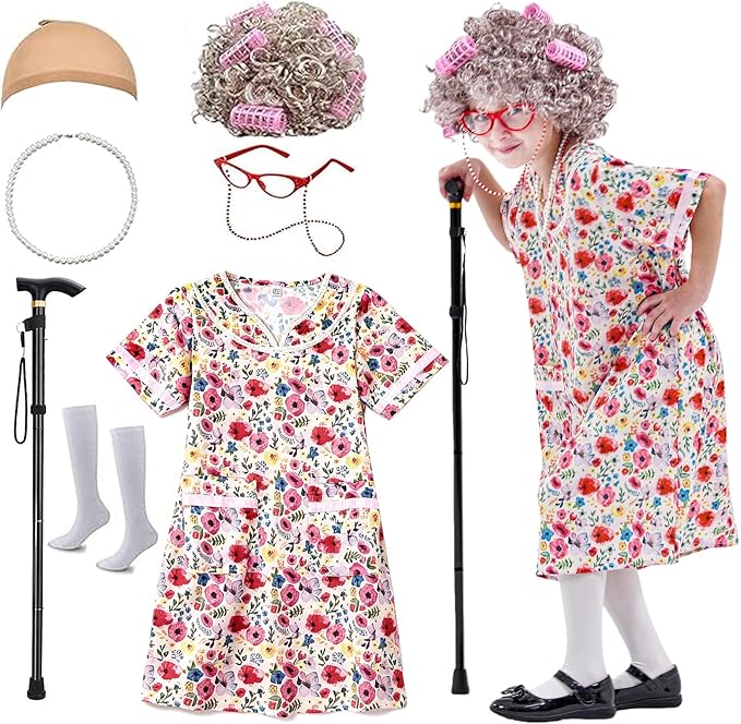 VersaCharm Kids 100 Days of School Costume for Girls, Old Lady Costume wig dress and Granny Grandma Set for Child