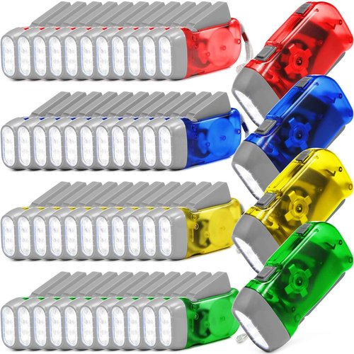 48 Pcs Hand Crank Flashlight No Battery Required Torch Light Manual Press Flashlight 3 LED Squeeze Torch Light for Shoeboxes Camping Hiking(Yellow, Green, Blue, Red)