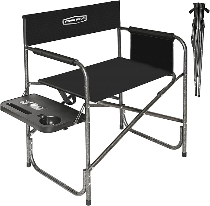 YOUNG WOOD Camping Directors Chair, Lightweight Oversized Portable Folding Chair with Side Table and Storage Pockets for O...