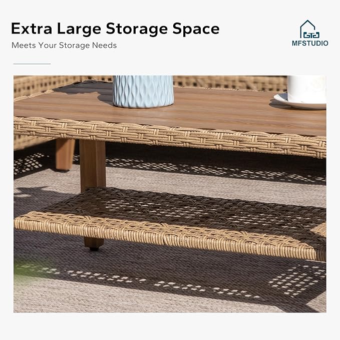 MFSTUDIO Wicker Patio Furniture Set, L Shaped Outdoor Couch Set, Rattan Outdoor Sectional Sofa with Acacia Wood Coffee Table, 3 Pieces Small Patio Conversation Set for Backyard, Navy Blue
