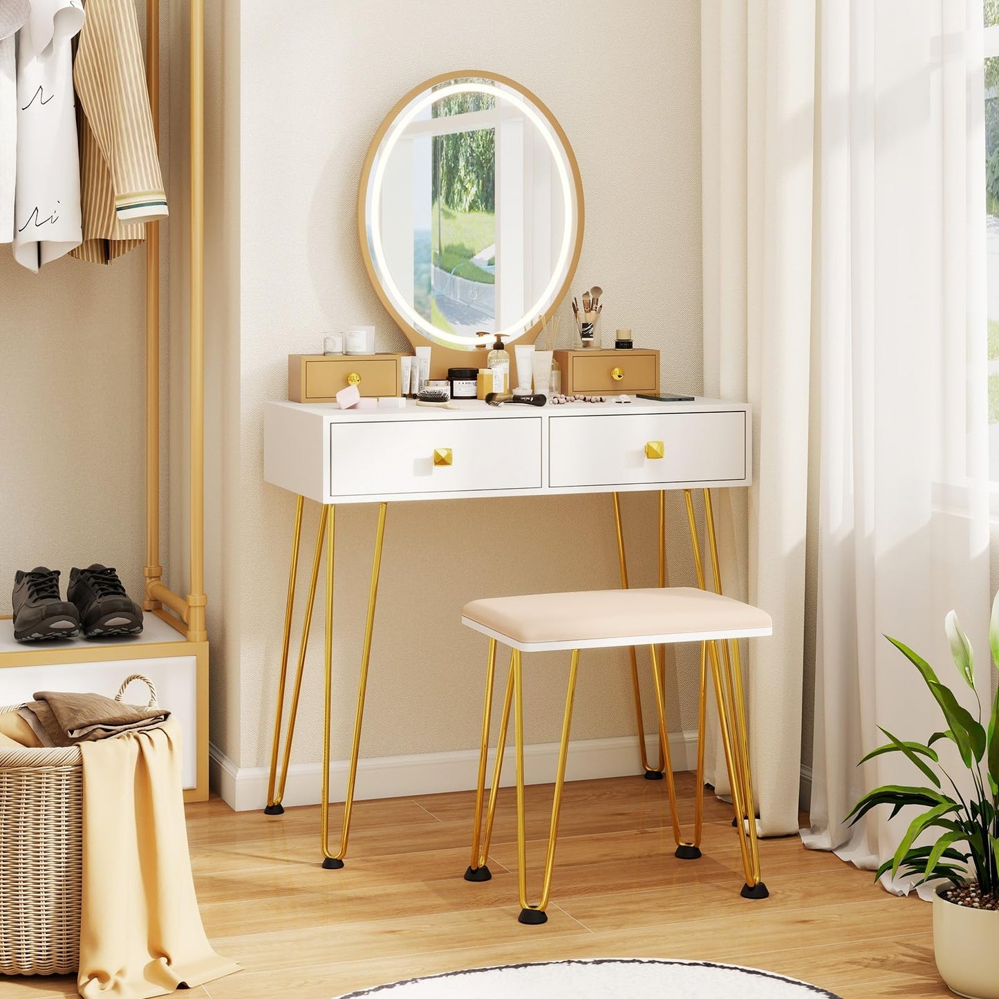 CHARMAID Vanity Desk with Mirror and Lights, White Makeup Vanity Table with 4 Drawers, Charging Station, 3-Color Lighted Mirror, Modern Girls Dressing Table with Stool for Small Bedroom