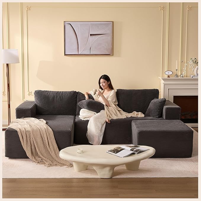 Afuson 107" Boneless Couch with Deep Seat, Modular Sectional Sofa, Cloud Sectional Couch for Living Room, No Assembly Required, Corduroy, U-Shape 3 Seater Left, Grey
