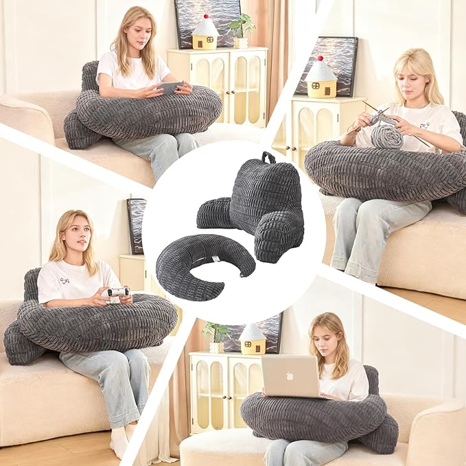PAJEO Back Pillow for Bed Sitting Up,U Shaped & Back Support Pillow for Bed,19" Backrest with Lumbar & Arm Support,Comfy Corduroy Fabric,Lap Pillow for Gaming/Reading/Watching TV,Gray