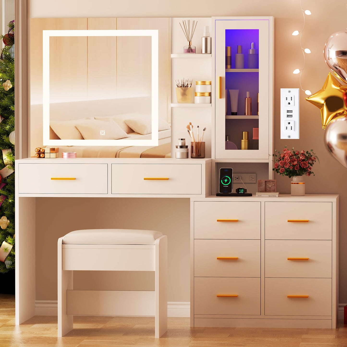 ANWBROAD 51.8" Makeup Vanity Desk with Mirror and Lights White Vanity Table with RGB Storage 8 Drawers Power Outlet Large Dresser Dressing Table with Storage Shelves Stool for Bedroom Girls UBDT77W