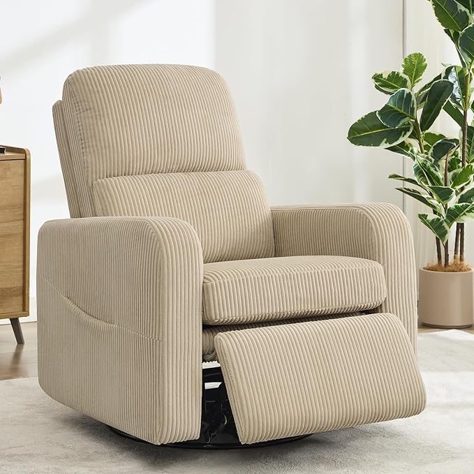 AEMEIOS Swivel Rocker Recliner, Oversized Manual Nursery Glider Rocking Recliner Chair with Removable Cushion, Upholstered Swivel Reclining Chair for Nursery Living Room Bedroom, Corduroy Camel