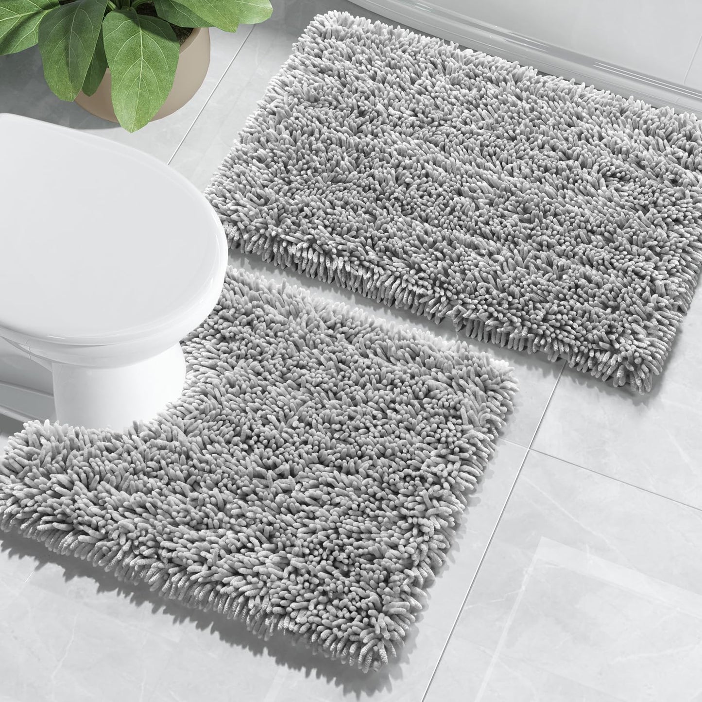 Yimobra Bathroom Rugs Sets 2 Piece, Luxury Shaggy Extra Thick Bathroom Rugs, Plush Non-Slip Mats for Bath Room Floor, U-Shaped Toilet Mat, Ultra Absorbent, 24 x 17 + 24.4 x 20.4 Inches, Light Grey