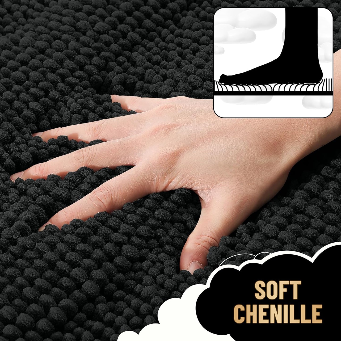 OLANLY Thick Bathroom Rugs 24x16, Extra Soft Absorbent Chenille Striped Bath Rugs, Rubber Backing, Machine Wash Dry, Bath Mats for Bathroom Floor, Tub and Shower, Home Decor Accessories, Black