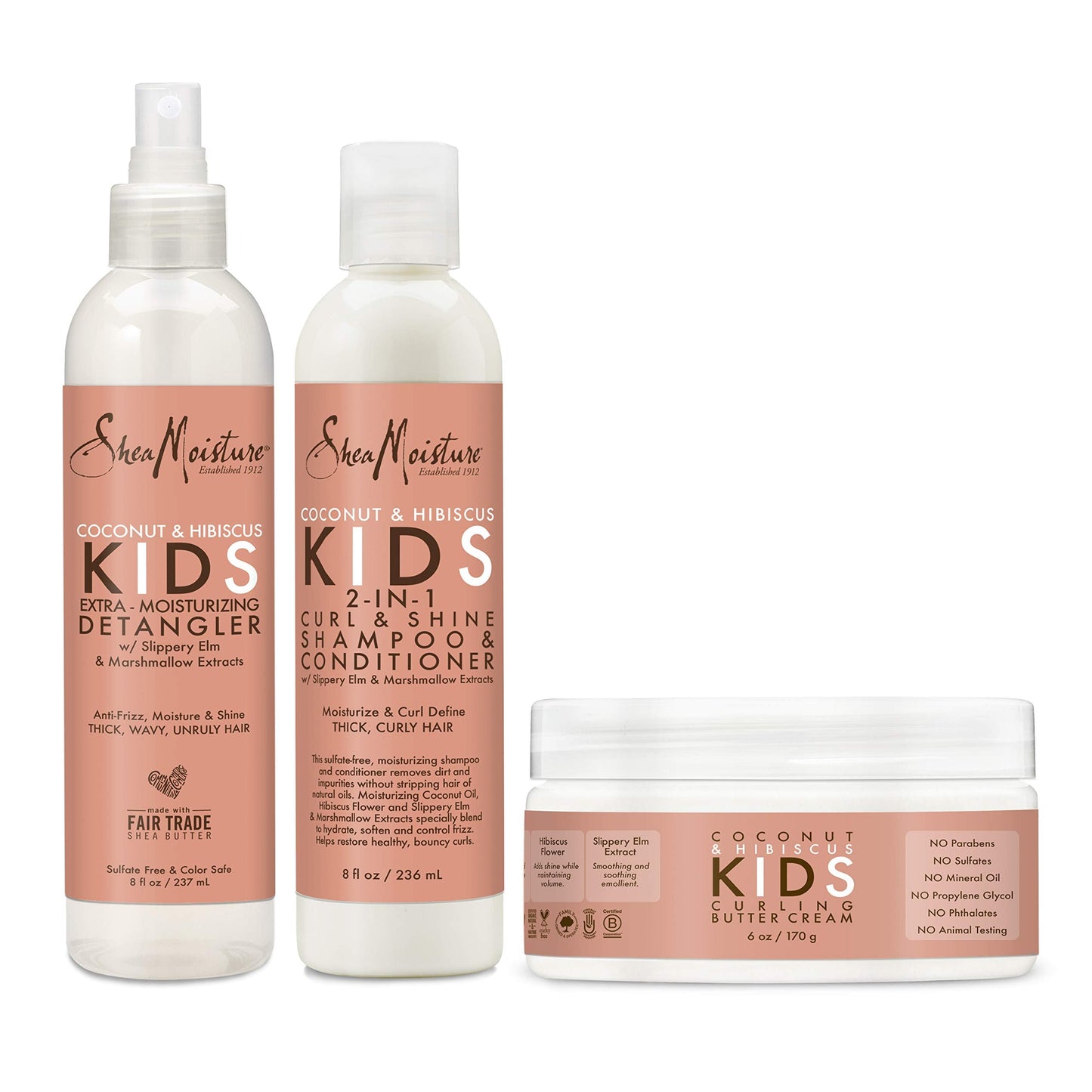 SheaMoisture Kids Extra Moisturizing Detangler, 2-In-1 Curl & Shine Coconut Hibiscus Shampoo & Conditioner, and Curling Butter C
