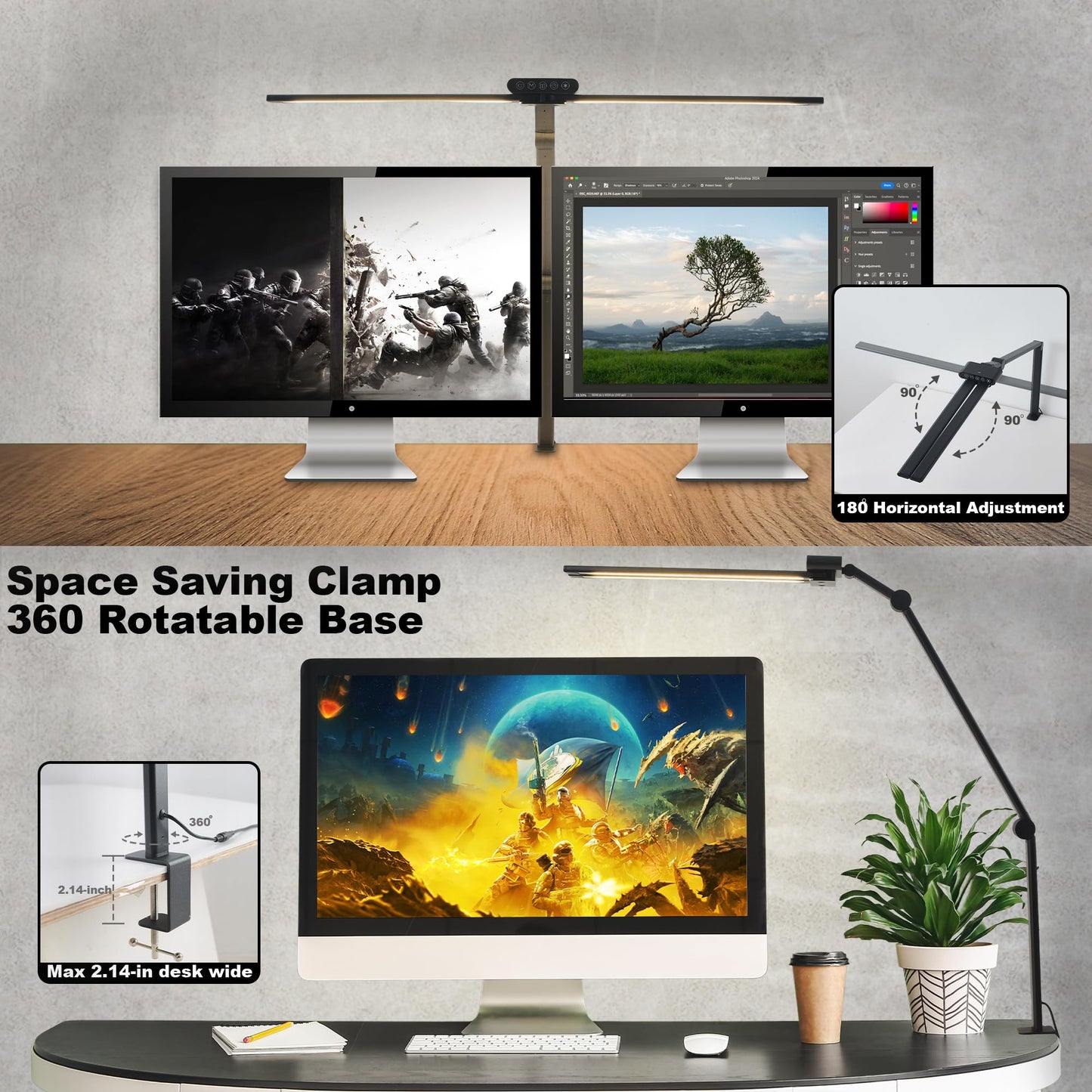 LED Desk Lamps with Clamp, Adjustable & Dimmable Desk Lamps for Home Office, Tall Desk Lamp for Workspaces, Bright LED Desk Light for Study, Workbench Light for Computers (180 Degree Rotation)