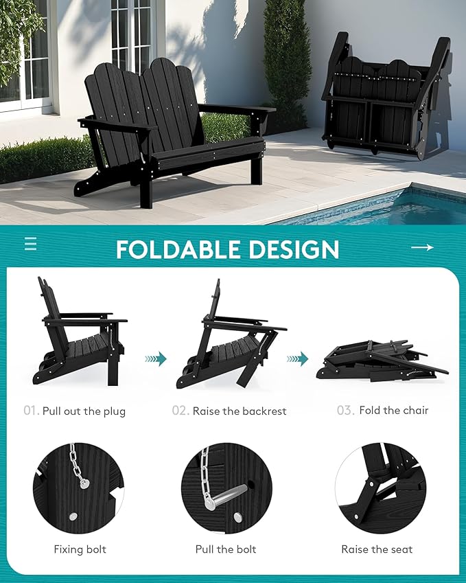 SERWALL 3 Pieces Patio Adirondack Bench Set, 2 Folding Adirondack Bench and 1 Coffee Table Set for Front Porch Garden Balcony Backyard, Black