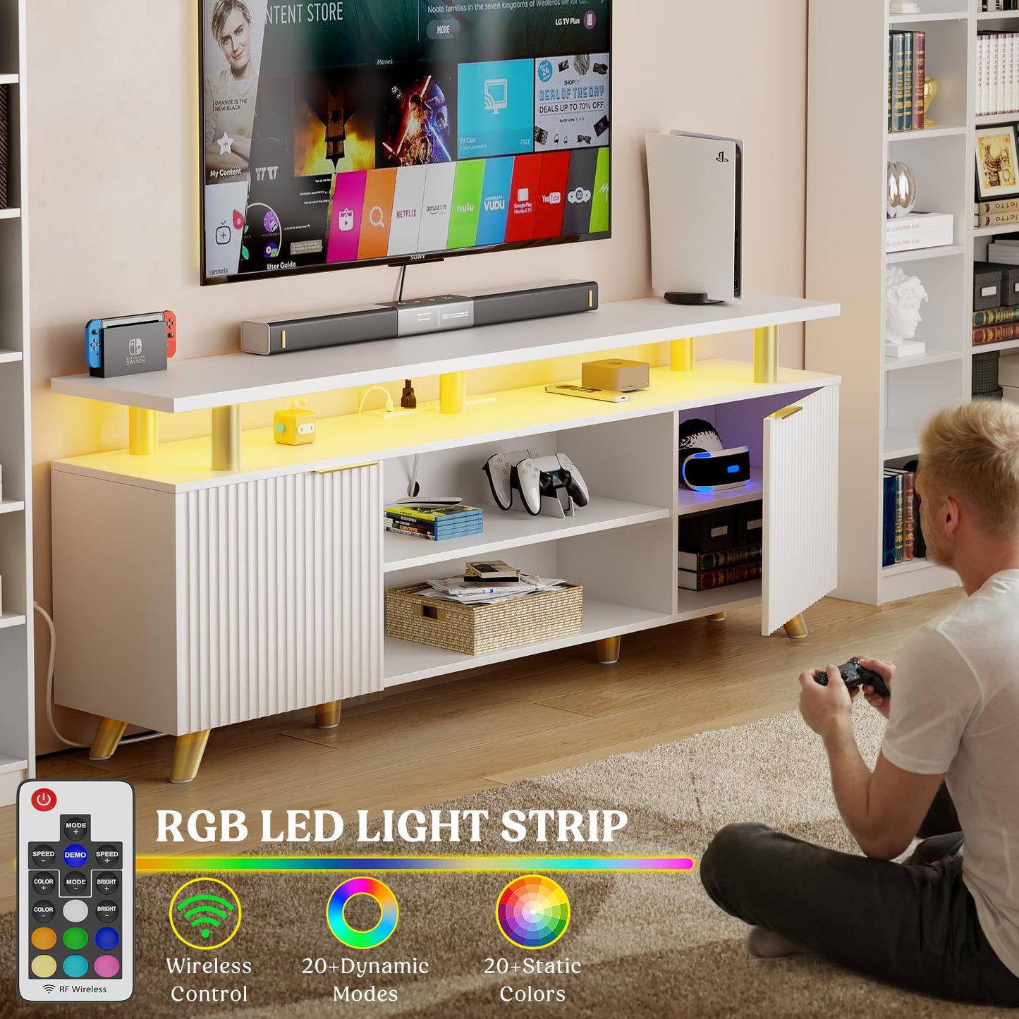 Lulive Luxury Fluted TV Stand for 60/65/70 Inch TV with Power Outlet & LED Light, Modern Entertainment Center with Fluted Panel Design, Modern TV Console Table for Living Room & Bedroom, White