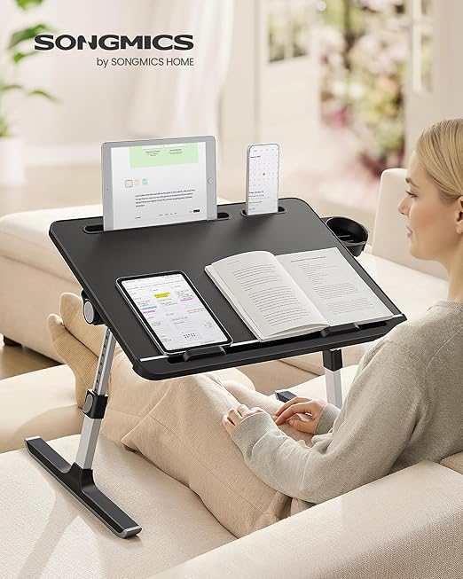 SONGMICS Bed Laptop Desk, Foldable Bed Desk for Laptop, 15.7 x 22 Inches Large Desktop, 120° Stepless Tilt, Adjustable Height, Cup Holder, Tray, Portable Bed Sofa Table, Ink Black ULLD113BC01
