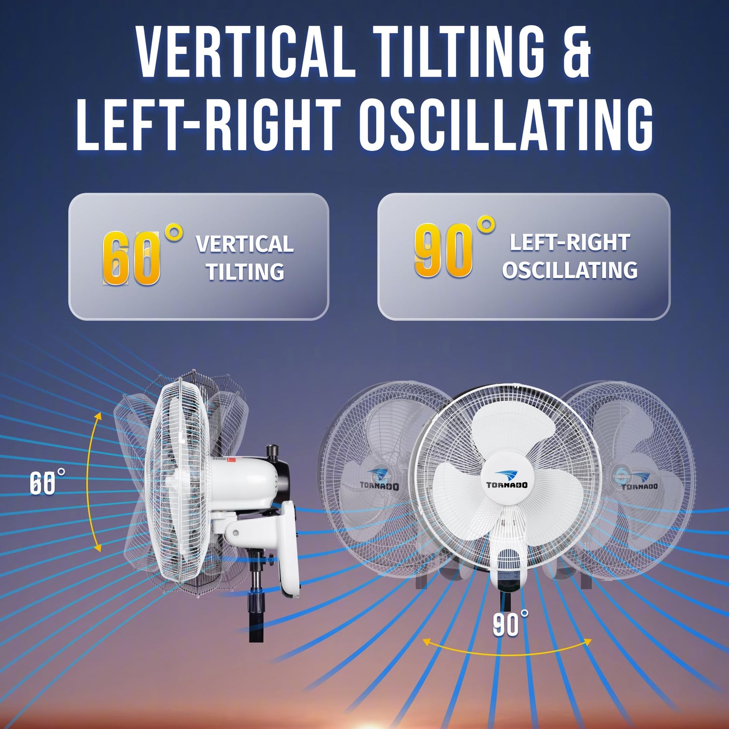 Tornado 16 Inch 3 Speed Oscillating Wall Mount Fan For Home, Remote Control Included, Adjustable Tilt 2650 Cfm 6 Ft Cord Ul Safe