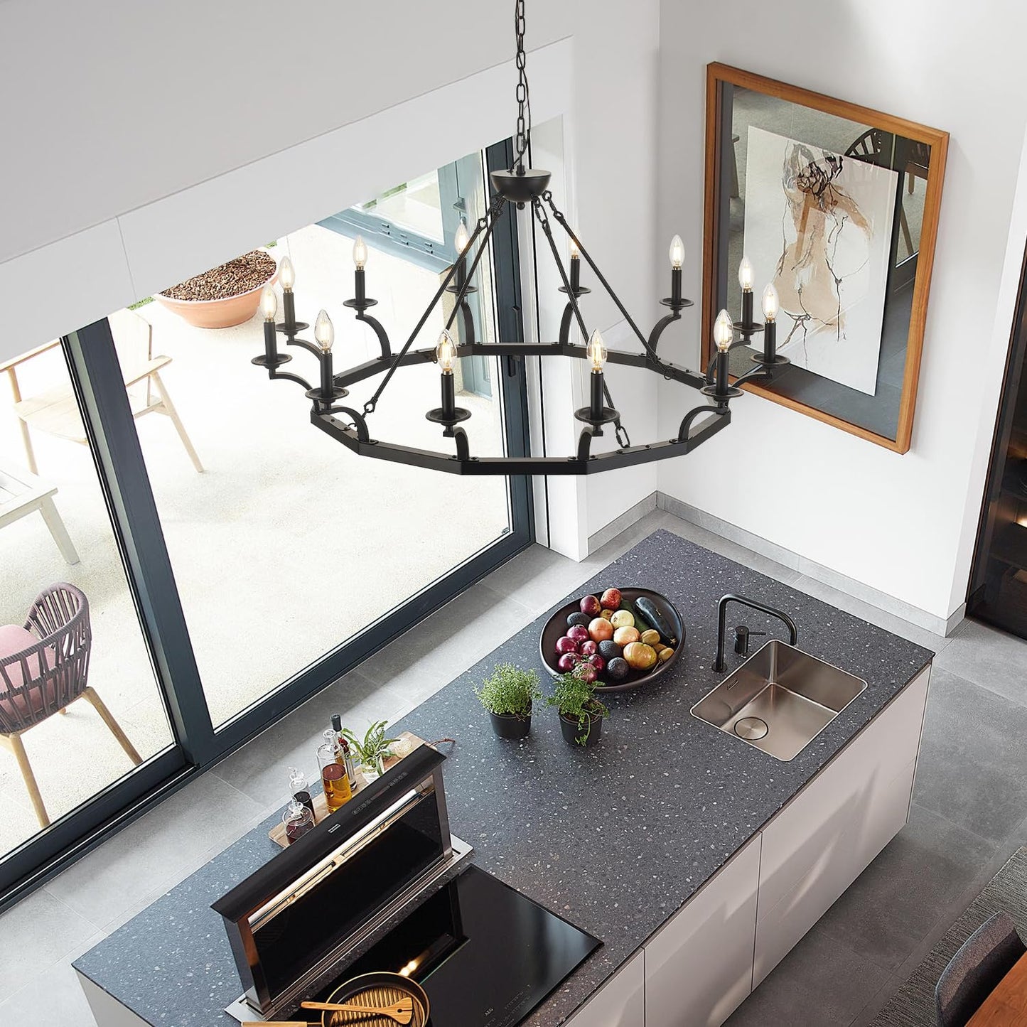 brfaixla 43'' Wagon Wheel Chandelier 12 Lights Industrial Black Metal Ceiling Pendant Chandelier Rustic Hanging Lights Adjustable for Kitchen, Living Room, Dining Room, Entryway, E12 Base