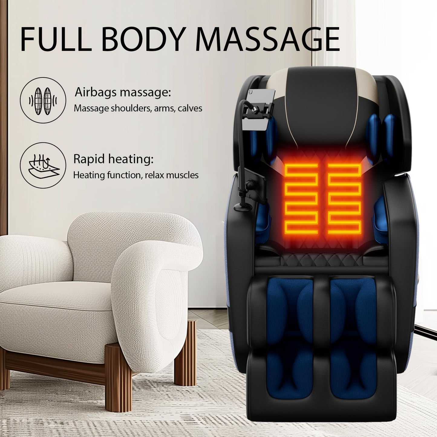 KEIKI Massage Chair Recliner with Zero Gravity, Full Body Air Pressure & Heating, Shiatsu Back & Foot Roller Massage, Bluetooth Speaker, Blue Ambient Light, PU Leather for Home & Office, Blue
