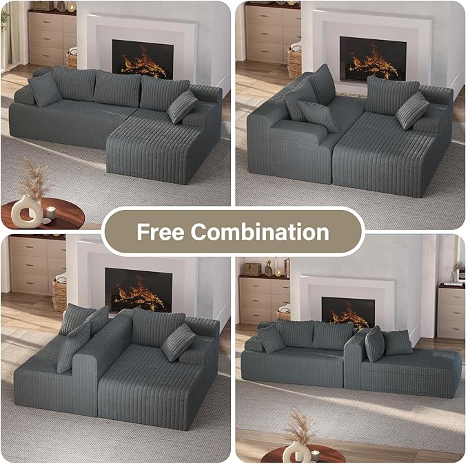 LAUSAINT HOME 96" Modular Sectional Sofa Couches, L-Shaped Boneless Cloud Sofa with 3 Deep Seat, 5 Cushiones Oversized Chaise for Living Room, Bedroom, Plush Corduroy Fabric (Right, Grey)