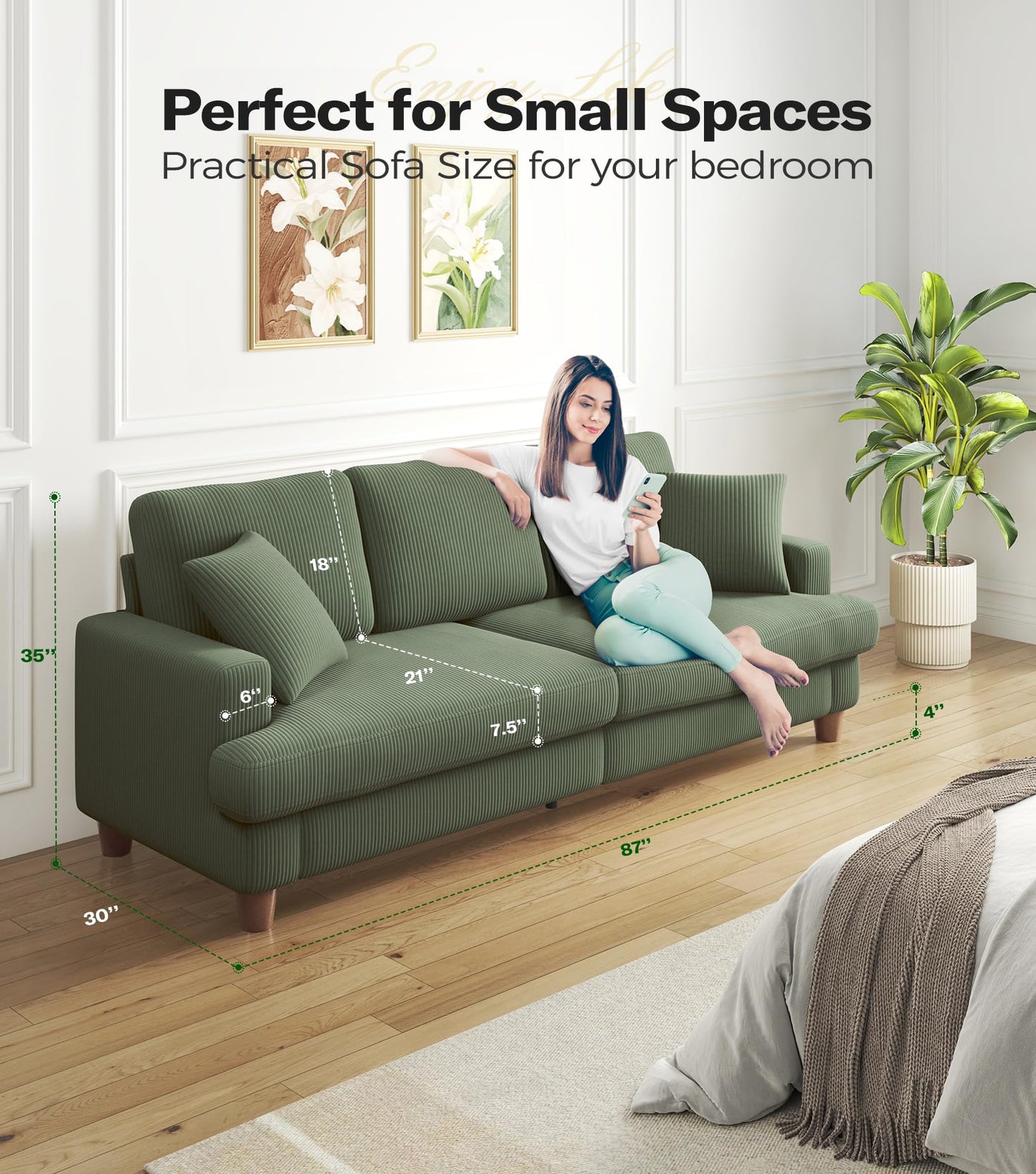Kidirect 87in Green Sofa, Couches for Living Room 21in Extra Deep Seats, Comfy Corduroy Sofas for Living Room No Tool Assembly, Modern Oversized Love Seat with 2 Pillows, Sofa Couch for Bedroom