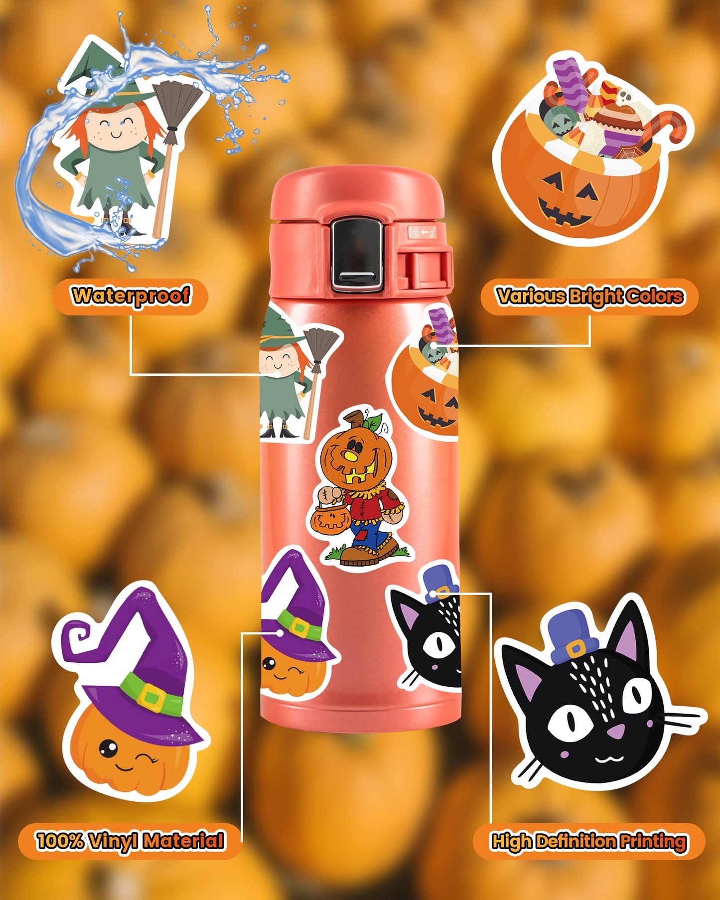 Benresive 300 Pcs Halloween Stickers for Kids - Bulk Halloween Crafts Party Favors, Goody Bag Stuffers, Waterproof Vinyl Laptop & Water Bottle Stickers
