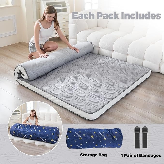 Zelladorra Japanese Floor Mattress, Quilted Futon Mattress with Anti-Slip Bottom, Foldable Floor Bed with Storage Bag and Straps, (Light Grey, Full)