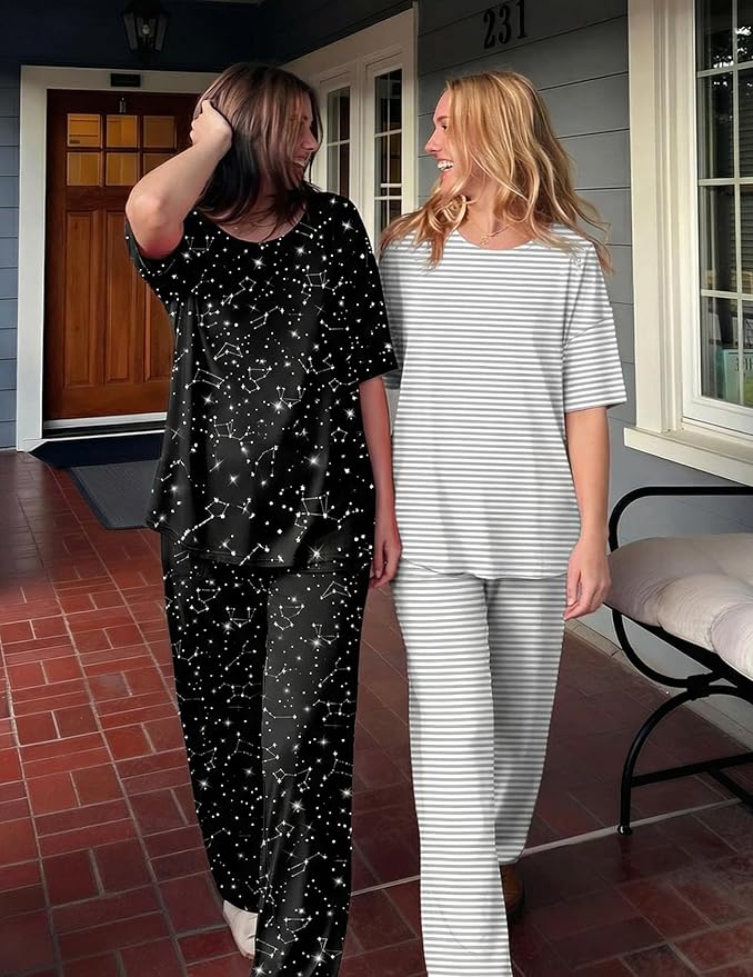 Ekouaer 2 Pack Womens Pajama Sets Short Sleeve Tops and Long Pants Casual Comfy Pjs Lounge Set with Pockets,S-XXL