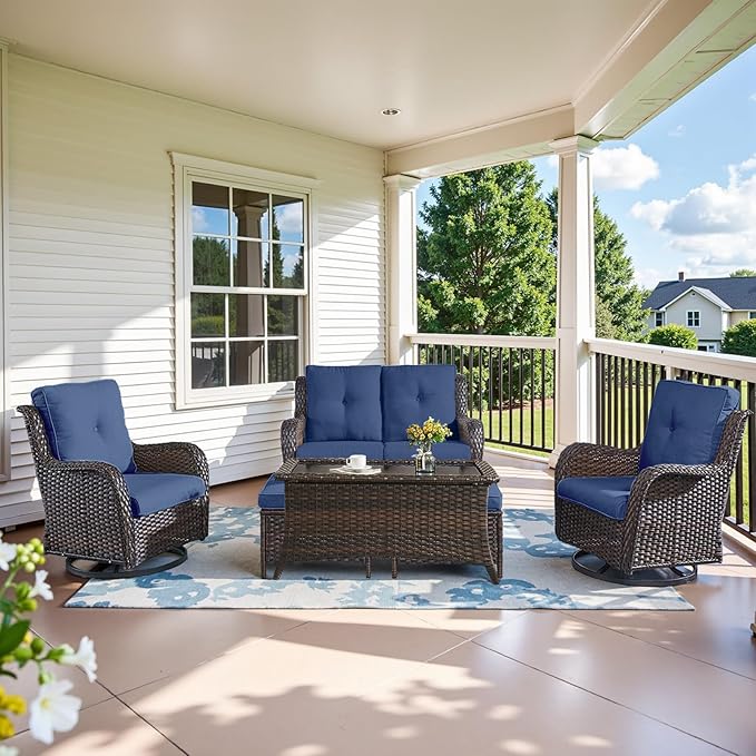 Belord Wicker Outdoor Furniture Patio Furniture Set - 6 Piece Patio Conversation Set with Swivel Rocker Chairs, Loveseat Sofa, Ottomans and Coffee Table, Blue Cushion