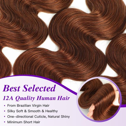 Light Reddish Brown Bundles Human Hair Body Wave 10 12 14 Inch, Color 30 Copper Brown Thick Raw Virgin 3 Bundles 12A 100% Brazilian Human Hair Wavy Loose Wave Quick Sew In Weave #30
