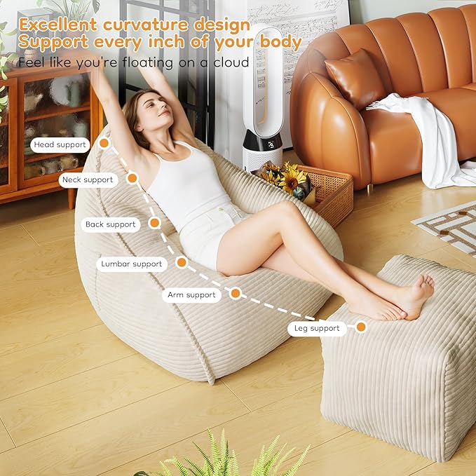 Cloud Large Bean Bag Chair with Ottoman, Corduroy Fabric+35D Memory Foam Big Beanbag Chair for Adults,Lounger Chairs Sofa Boneless Puff Chair for Living Room, Bedroom,Balcony,Playroom (Beige)