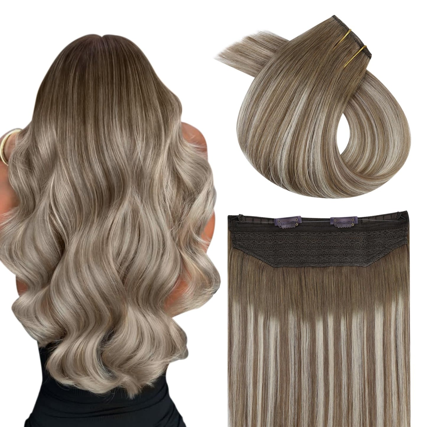Easyouth Wire Hair Extensions Human Hair Ombre Hair Wire Extensions Medium Brown Ombre Platinum Blonde Fish Line Hair Extension