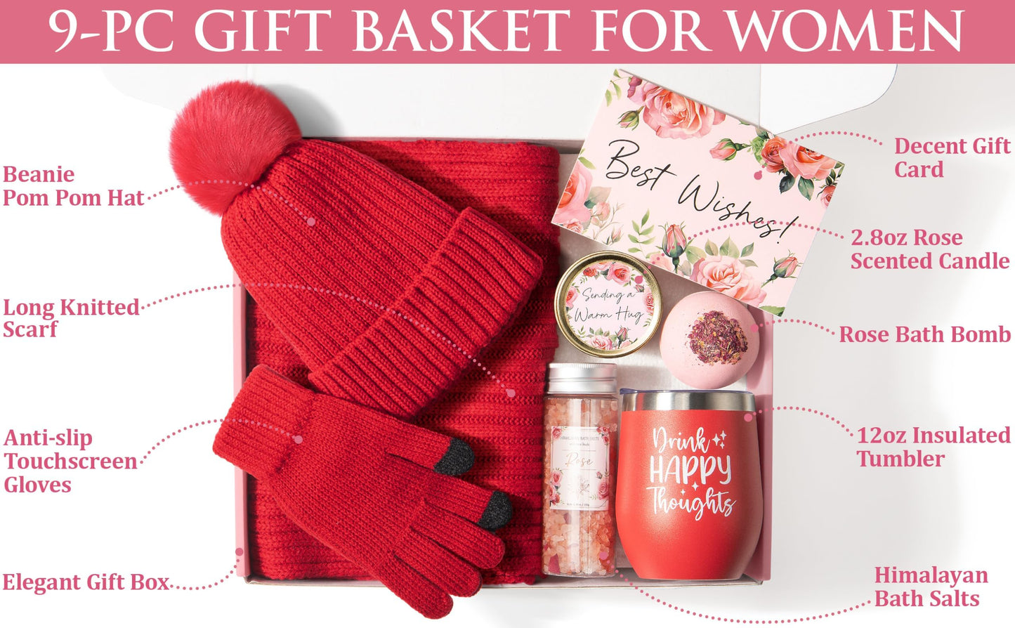 Birthday Gifts for Women, Relaxing Spa for Women Care Package Self Care Mothers Day Gifts for Mom Friend Her Sister Wife Teacher w/Winter Beanie Hat Scarf Gloves Set
