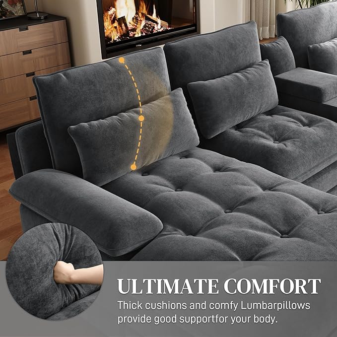 BEQAI 134" U Shaped Sectional Couches for Living Room,Modern Chenille 6 Seat Living Room Sofa Set with Storage Console,Oversized Modular Sectional Fluffy Couch with Tufted Buttons & Chaise Lounge,Grey