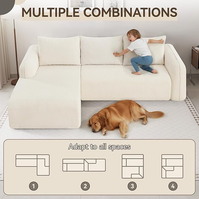 UMBFUN 103" Cloud Sectional Couch for Living Room, Boneless Couch with L-Shape Chaise, Modular Sectional Sofa with Deep Seat, Oversized Modular Sofa for Bedroom, No Assembly Required, Corduroy