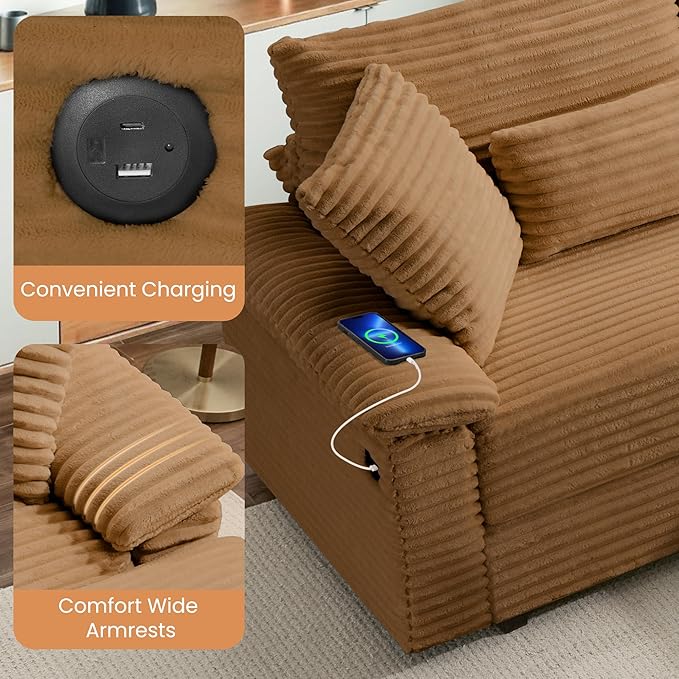 SUNWAVE 74" W Double Chaise Lounge Chair Indoor, Oversized Loveseat with Storage Ottoman, Corduroy Couch with USB Charging, Removable Ottoman, and Coffee Table Cushions for Living Room, Apartment
