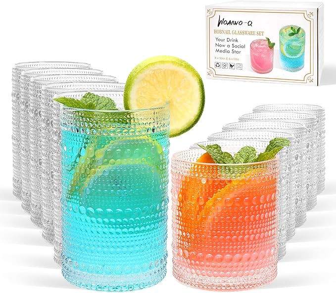 Hobnail Drinking Glasses Set of 12,12 oz Highball Glasses & 10 oz Cocktail Glasses,Clear Embossed Glass Cups,Kitchen Water...