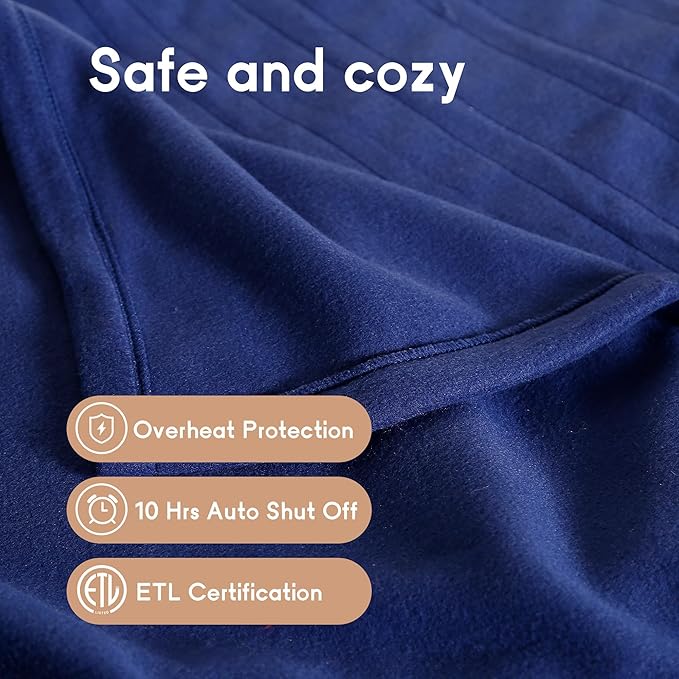 Heated Blanket Electric Blanket Full Size 72''x84'' with 4 Heating Levels, 10 Hour Auto Shut Off, Machine Washable, Soft Warming Blanket for Couch, Bed, Office - Dark Blue