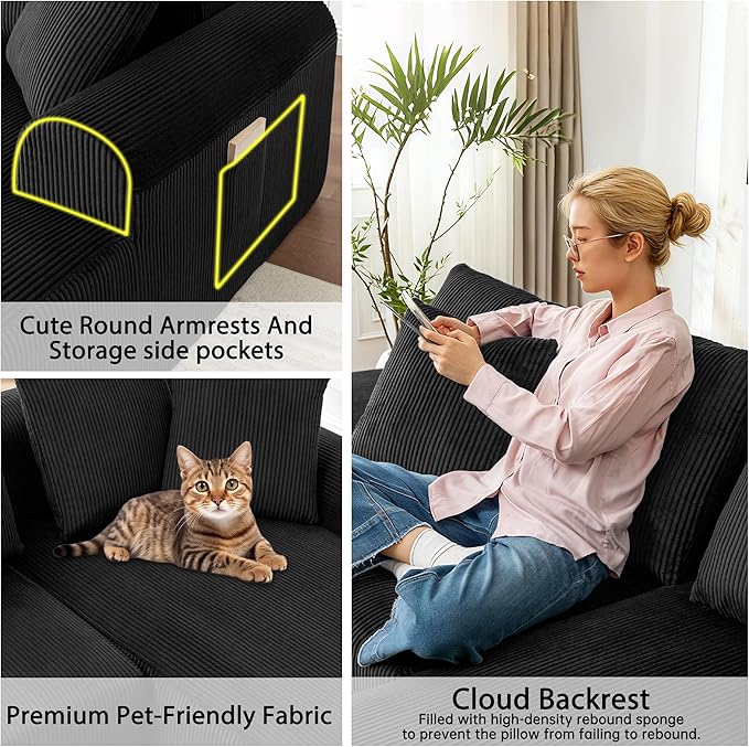 108 '' W Boneless Couch with L-Shape Chaise,No Assembly Required, Upholstery Corduroy Cloud Couch with Deep Seats and 5 Pillows Back, Free Combination (Black)