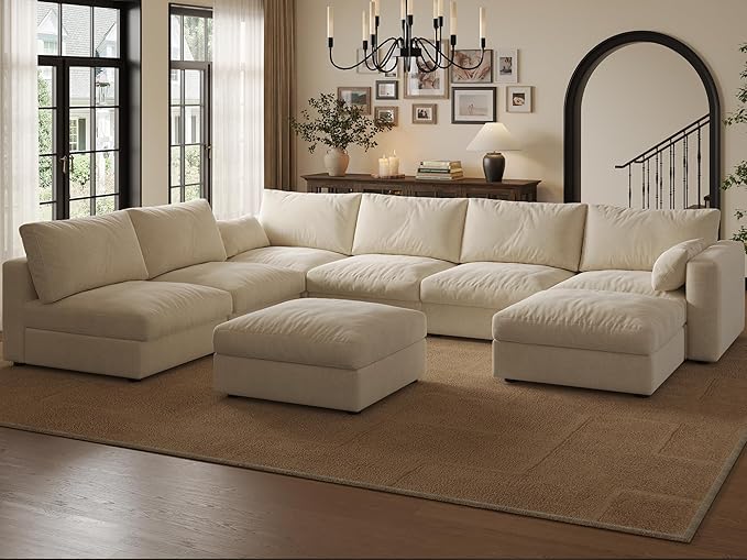 Cloud Modular Sectional Sofa Couch with Storage Ottoman, 128" Oversized Sectional Couches for Living Room, Cloud Modular U-Shaped Sofa with Chaise, 8 Seater, Chenille, Beige