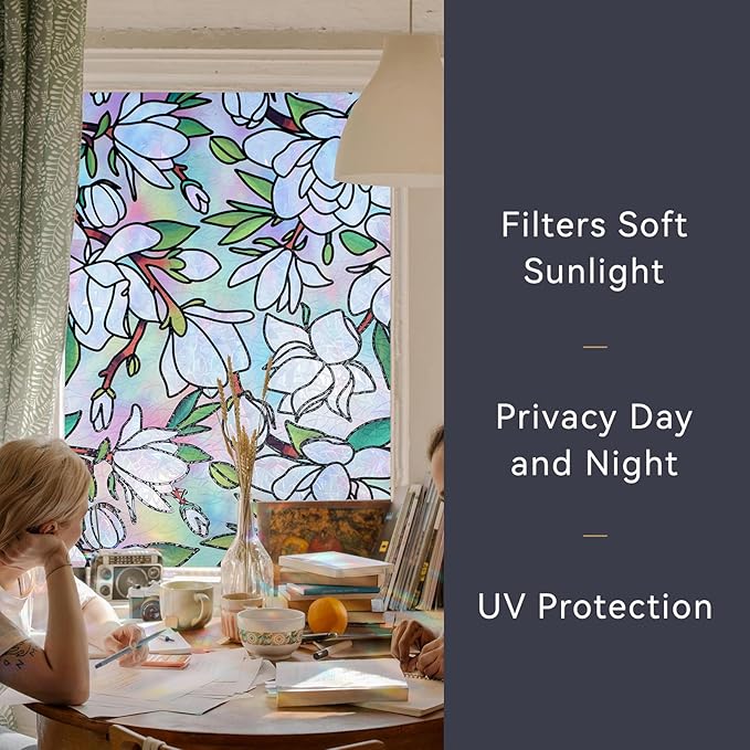 DKTIE Magnolia Pattern Stained Glass Window Film Floral Decorative Window Privacy Film with Rainbow Effect Front Door Bathroom Room Decor (S678, 17.7in X 118.1in)