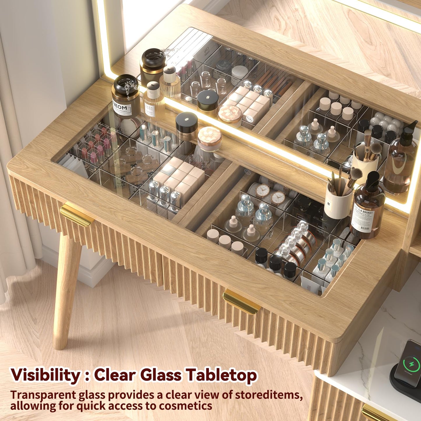 SFDOU 43" Fluted Makeup Vanity Desk with 32" Mirror and Lights, Modern Glass Top Large Vanity Table with 5 Drawers and 3 Storage Shelves, Dressing Table Set with Charging Station for Bedroom-Gray