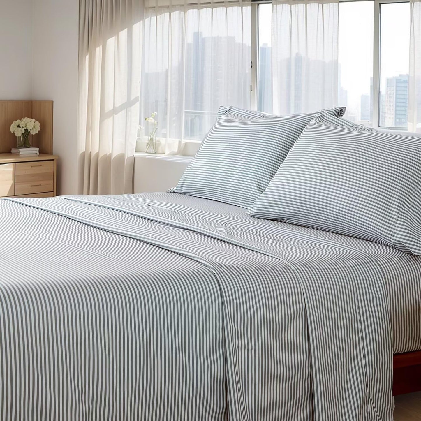SIGF Full Sheets Set, 4 Pieces Microfiber Bed Sheets Breathable and Soft Bedding Sheet Set with Deep Pocket, Double Brushed Gray Stripe Sheets