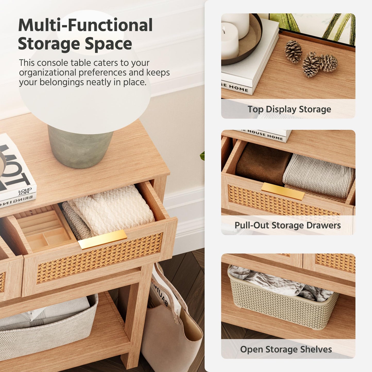 LAUSAINT HOME Narrow Console Table, 51" Entryway Table with 3 Rattan Drawers, Sofa Table Behind Couch/Sofa with 2 Storage Shelves, Natural Wood Console Table for Living Room, Bedroom, Hallway, Foyer