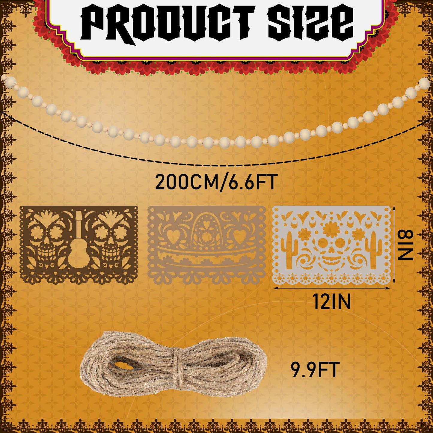 RoundFunny 3 Pack 23 ft Day of the Dead Garland Neutral Wood Bead Felt Dia De Los Muertos Decorations for Altar Day of the Dead Banners for Home Mantel Door Window Indoor Mexican Fiesta Party Supplies