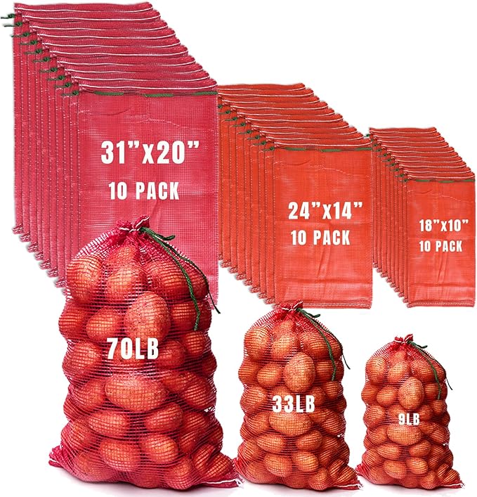 30 Pack 3 Sizes Mesh Onion Bags (18"x10", 24"x14", 31"x20"), Reusable Drawstring Fresh Produce Storage Bags for Onions, Vegetables, Potatoes, Citrus