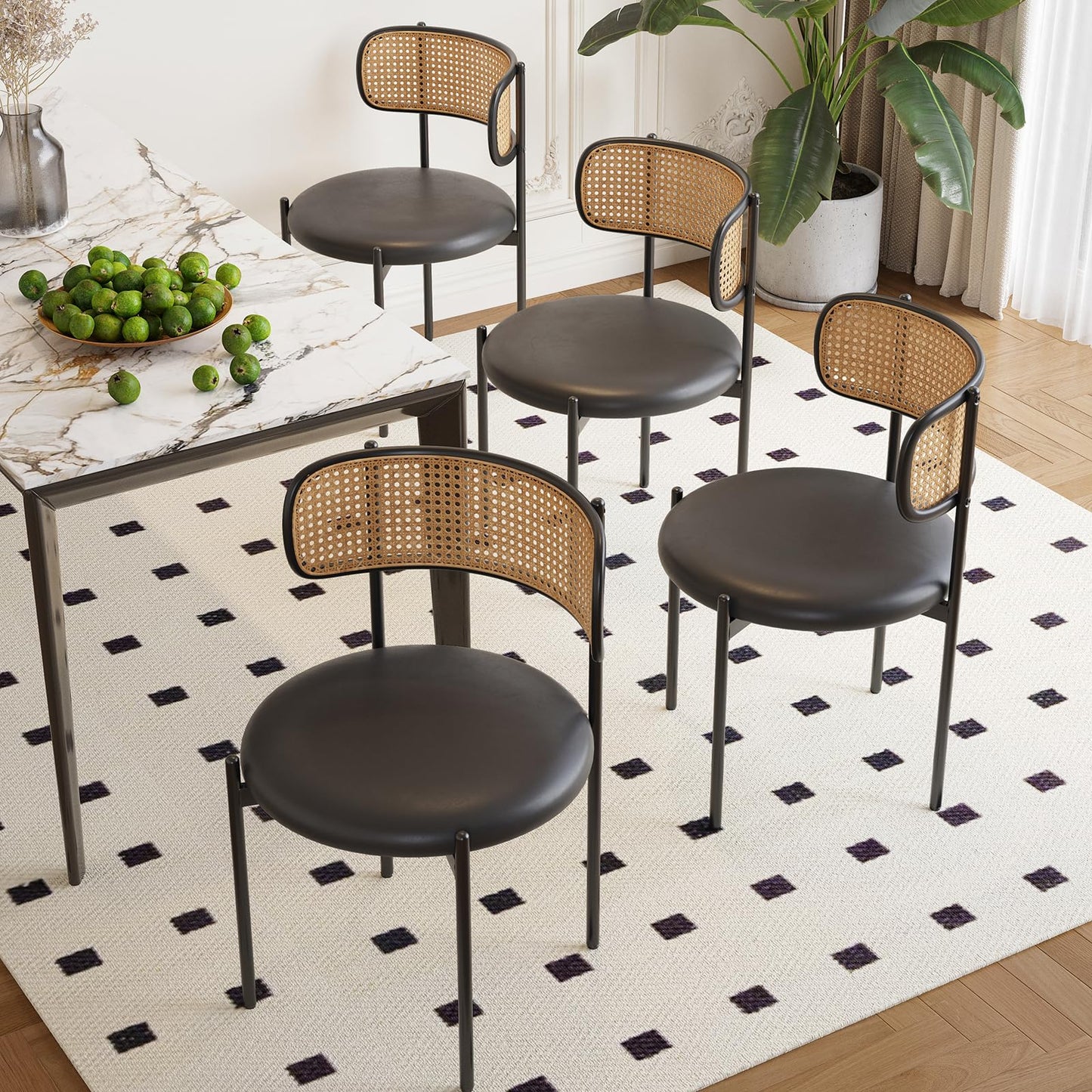 Farini Dining Chairs Set of 4, PU Leather Upholstered Seat with Woven Rattan Back, Sturdy Metal Legs Modern Side Chairs for Kitchen Living Room Restaurant, Black