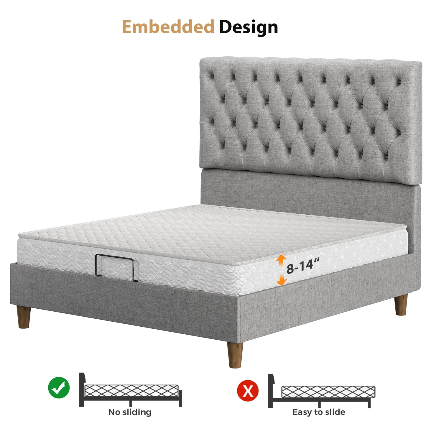 Algglobuy Queen Upholstered Bed Frame with 52.75" Tall Headboard, Platform Queen Bed with Deep Button Tufted, Solid Wood Slats Support, No Box Spring Needed, Noise-Free, Grey