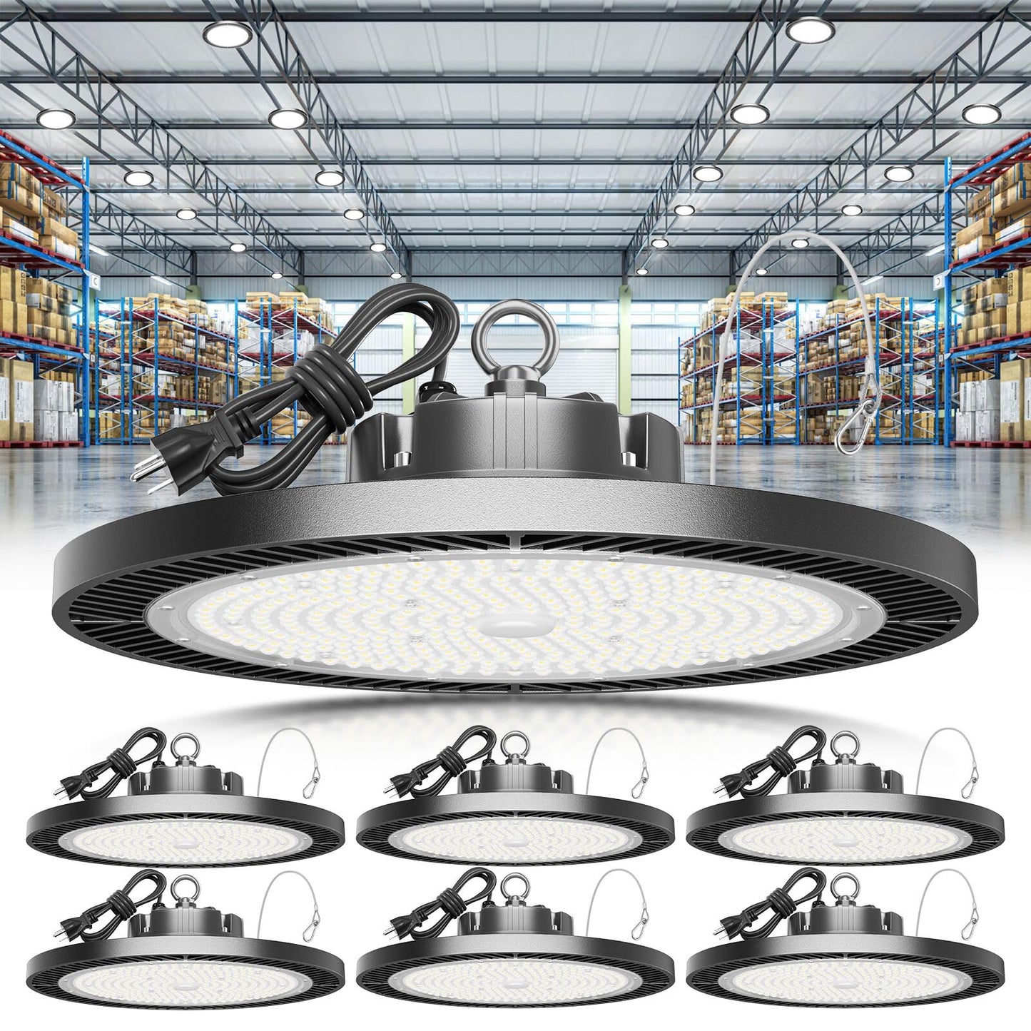 ELEKICO Super Bright 250w UFO LED High Bay Light 35000lm with Plug 5ft Cable (Eqv.1000w Mh/Hps/Hid),5000k High Bay Led Shop Lights Garage Lighting for Garage Factory Workshop Warehouse Barn -6pack