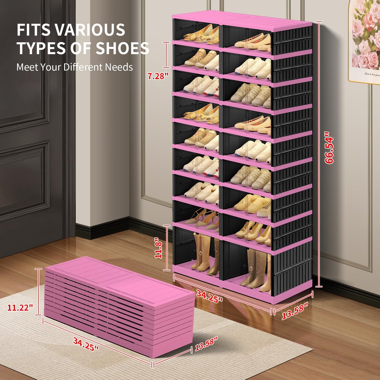 CIMLORD 9-Tier Foldable Shoe Rack Organizer for Closet,36 Pairs Collapsible Plastic Shoe Shelf,Large Shoes Cabinet with Door,Clear Stackable Storage Box Easy Assembly（Black-pink）