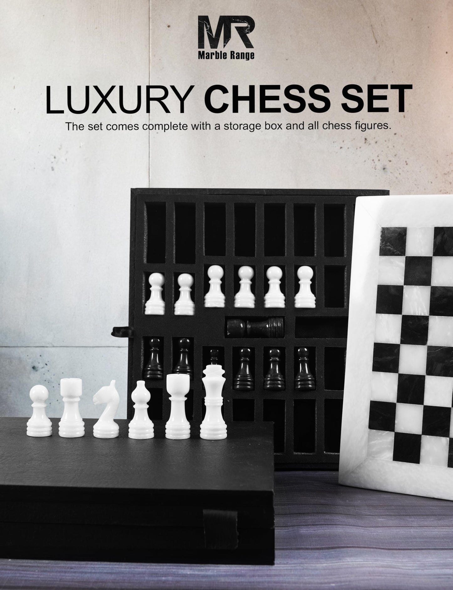 Marble Chess Set for Adults 12" Handmade White & Black Board Game with 32 Chess Pieces, 2 Extra Queens & Storage Box, Luxury Travel Game, Elegant for Home Decor