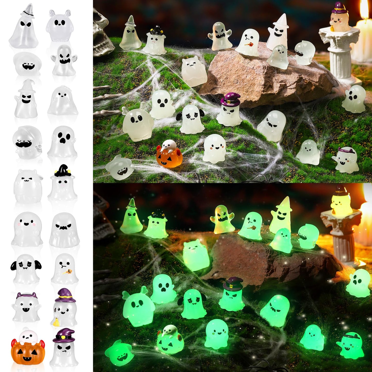 Arrowbash 20 Pcs Glow in Dark Ghost Halloween Miniature Figurines Resin Ornaments Halloween Garden Mini Landscape for Party Village Crafts Decor