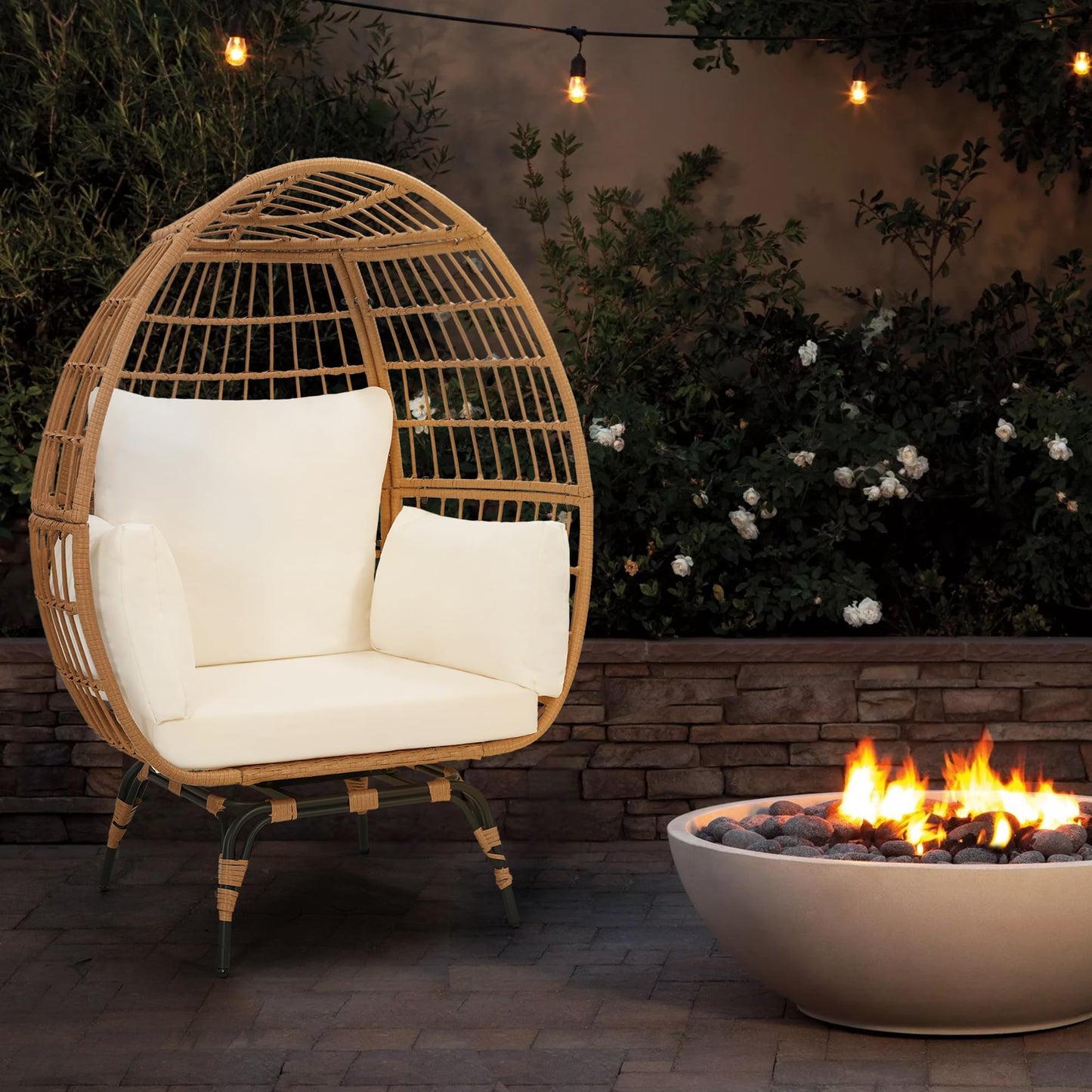 Murago Oversized 360 Swivel Rattan Egg Chair for Adult, Indoor Outdoor Patio Large Wicker Egg Chair with Overstuffed Cushions, 440lb Weight Capacity, Natural Rattan with Beige Cushion