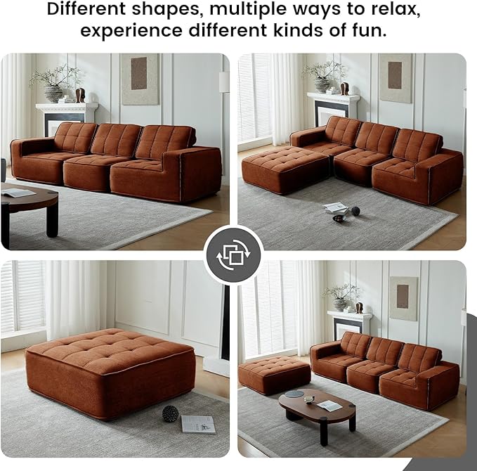 108" Boneless sectional Couch for Living Room,Convertible L-Shape Fleece Couches with Ottoman, Cloud Modular Sofa with Deep Seat for Bedroom, No Assembly, Orange